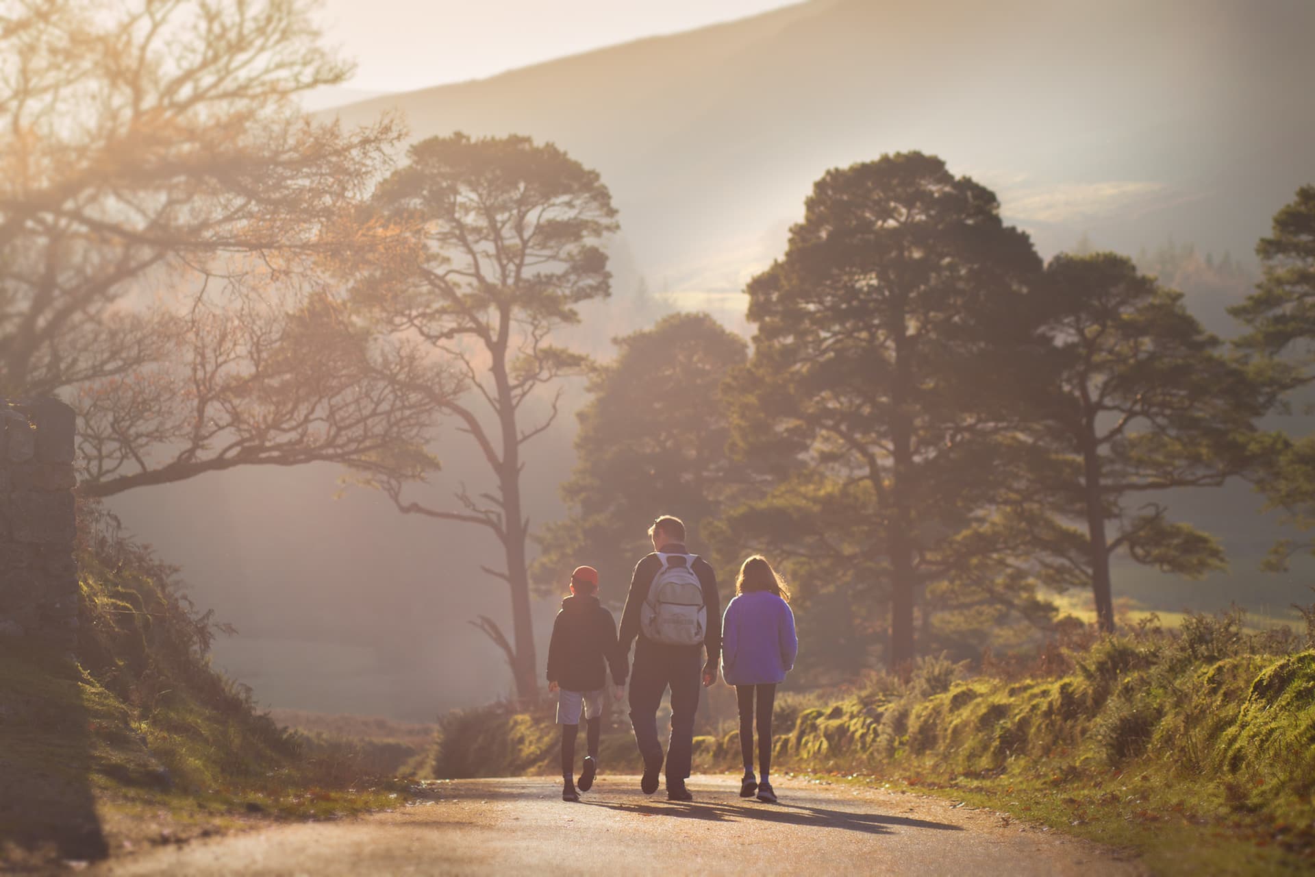 A warm Irish landscape at golden hour with a family walking together, representing remembrance and in-memory giving