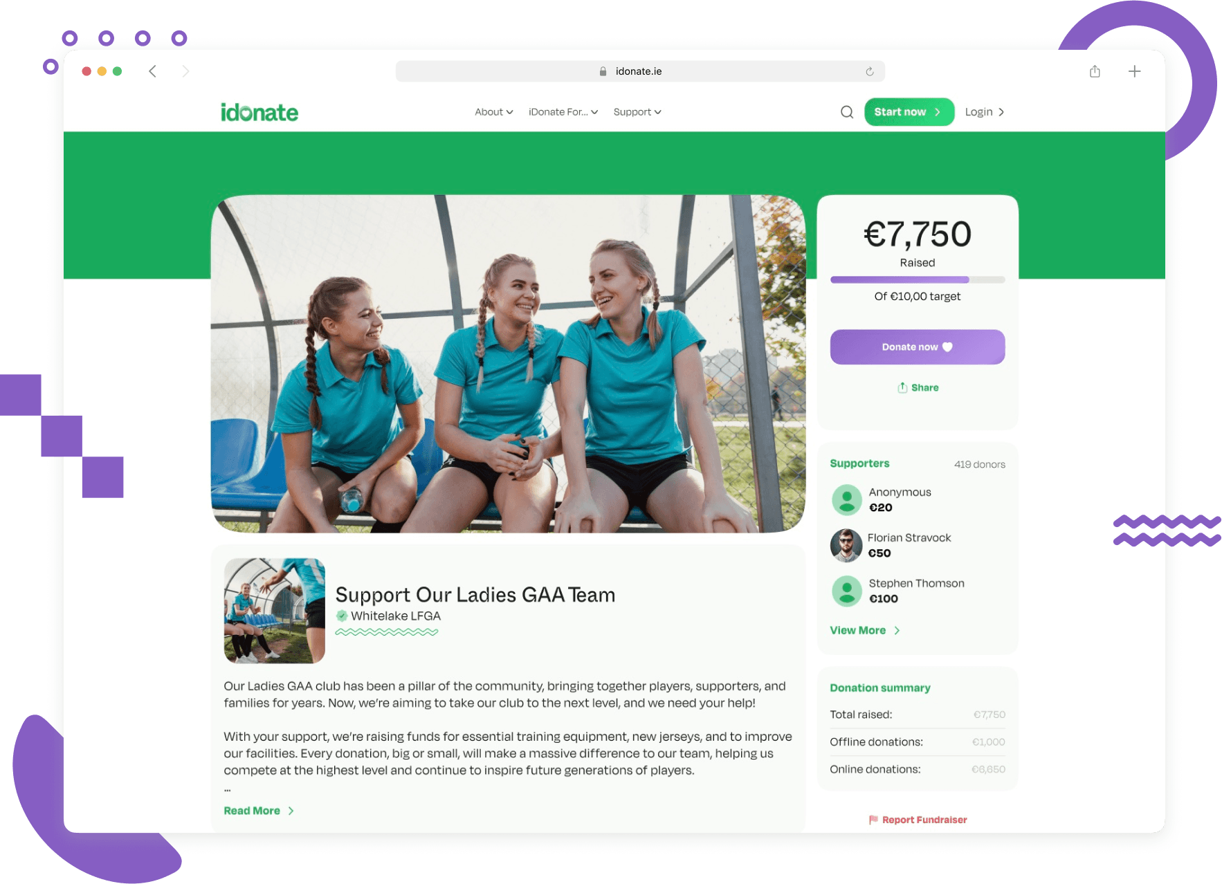 Example iDonate sports club fundraising page with donations, supporters and campaign progress